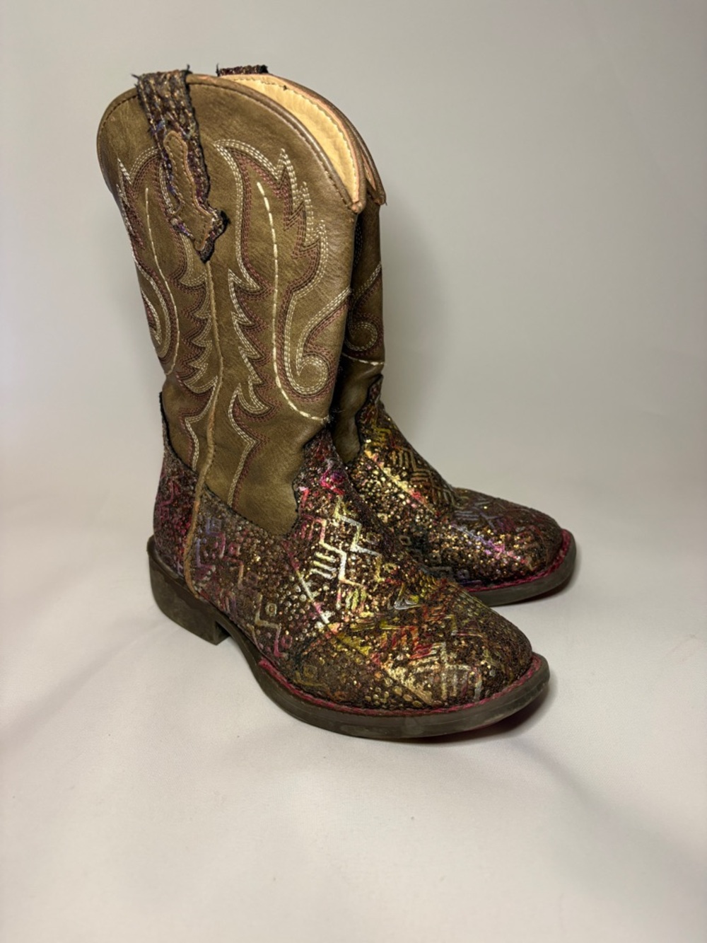 Roper Kids Aztec Glitter Square Toe wCowboy Boots Brown Multi Color Size 12 EUC